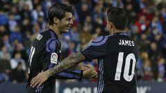 Los jugadores del Real Madrid, el delantero &Aacute;lvaro Morata y el centrocampista colombiano James Rodr&iacute;guez.