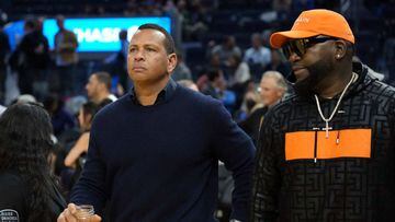 Mar 8, 2022; San Francisco, California, USA; Former baseball players Alex Rodriguez (left) and David Ortiz attend the game between the Golden State Warriors and the LA Clippers at Chase Center. Mandatory Credit: Darren Yamashita-USA TODAY Sports