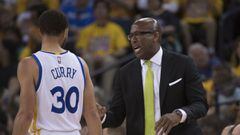 May 2, 2017; Oakland, CA, USA; Golden State Warriors assistant coach Mike Brown (right) instructs guard Stephen Curry (30) during the third quarter in game one of the second round of the 2017 NBA Playoffs against the Utah Jazz at Oracle Arena. The Warrior