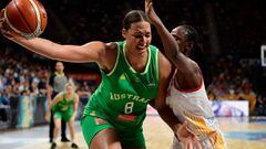 Australia&#039;s center Liz Cambage (L) vies with Spain&#039;s forward Astou Ndour during the FIBA 2018 Women&#039;s Basketball World Cup semifinal match between Spain and Australia at the Santiago Martin arena in San Cristobal de la Laguna on the Canary 
