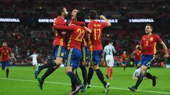 Isco of Spain (22) celebrates with team mates as he scores their second and equalising goal during the international friendly match between England and Spain at Wembley Stadium on November 15, 2016 in London