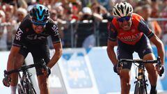 Italy&#039;s rider of team Bahrain - Merida Vincenzo Nibali (R) sprints to cross the finish line ahead Spain&#039;s Mikel Landa of team Sky during the 16th stage of the 100th Giro d&#039;Italia, Tour of Italy, cycling race from Rovetta to Bormio on May 23