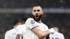 Karim Benzema celebrates during the Champions League quarter final first leg against Chelsea at Stamford Bridge. (Photo by Antonio Villalba/Real Madrid via Getty Images)