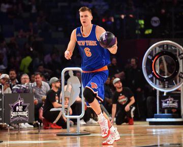 Feb 18, 2017; New Orleans, LA, USA; New York Knick forward Kristaps Porzingis (6) competes in the skills challenge during NBA All-Star Saturday Night at Smoothie King Center. Mandatory Credit: Bob Donnan-USA TODAY Sports