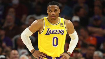 Apr 5, 2022; Phoenix, Arizona, USA; Los Angeles Lakers guard Russell Westbrook reacts against the Phoenix Suns in the second half at Footprint Center. Mandatory Credit: Mark J. Rebilas-USA TODAY Sports