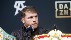LAS VEGAS, NEVADA - SEPTEMBER 15: Undisputed super middleweight champion Canelo Alvarez responds to a question during a news conference at the KA Theatre at MGM Grand Hotel & Casino on September 15, 2022 in Las Vegas, Nevada. Alvarez will defend his titles against Gennadiy Golovkin at T-Mobile Arena in Las Vegas on Saturday, Sept. 17.   Steve Marcus/Getty Images/AFP