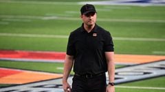 Feb 13, 2022; Inglewood, California, USA; Cincinnati Bengals head coach Zac Taylor on the field prior to the game against the Los Angeles Rams in Super Bowl LVI at SoFi Stadium. Mandatory Credit: Gary A. Vasquez-USA TODAY Sports