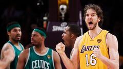 Los Angeles Lakers' Pau Gasol (R) of Spain celebrates in front of Boston Celtics' Paul Pierce (2nd L), Glen Davis and Rasheed Wallace (L) during the fourth quarter in Game 7 of the 2010 NBA Finals basketball series in Los Angeles, California, June 17, 2010.