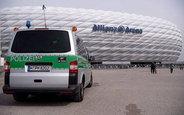 A police car on patrol at the Allianz Arena stadium in Munich this morning.