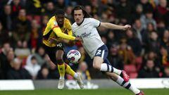 Watford's Yaser Asprilla is tackled by Preston North End's Alvaro Fernandez during the Sky Bet Championship match at Vicarage Road, Watford. Picture date: Saturday March 4, 2023. (Photo by George Tewkesbury/PA Images via Getty Images)