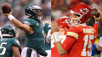 (COMBO) This combination of pictures created on February 2, 2023 shows (L)
Jalen Hurts #1 of the Philadelphia Eagles on January 29, 2023 in Philadelphia, Pennsylvania and (R) Patrick Mahomes #15 of the Kansas City Chiefs at Arrowhead Stadium on January 29, 2023 in Kansas City, Missouri. - When Patrick Mahomes and Jalen Hurts face off in next week's Super Bowl it will be the first time that two Black quarterbacks have graced the NFL's title game and the significance is resonating for both players.
For years Black quarterbacks faced questions from the game's establishment about their ability to lead teams and doubts about their suitability for the most important position in the game. (Photo by Tim Nwachukwu and Kevin C. Cox / GETTY IMAGES NORTH AMERICA / AFP)
