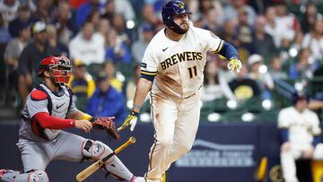 MILWAUKEE, WISCONSIN - SEPTEMBER 27: Rowdy Tellez #11 of the Milwaukee Brewers hits into an RBI fielder's choice in the sixth inning against the St. Louis Cardinals at American Family Field on September 27, 2023 in Milwaukee, Wisconsin.   John Fisher/Getty Images/AFP (Photo by John Fisher / GETTY IMAGES NORTH AMERICA / Getty Images via AFP)