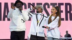 MANCHESTER, ENGLAND - JUNE 04:  Ariana Grande performs on stage with apl.de.ap (C) and will.i.am (L) of The Black Eyed Peas during the One Love Manchester Benefit Concert at Old Trafford on June 4, 2017 in Manchester, England.  (Photo by Kevin Mazur/One Love Manchester/Getty Images for One Love Manchester)