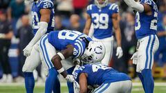 Jan 6, 2024; Indianapolis, Indiana, USA; Indianapolis Colts linebacker E.J. Speed (45) kneels on the field after suffering an apparent injury during a game against the Houston Texans at Lucas Oil Stadium. Mandatory Credit: Jenna Watson-USA TODAY Sports
