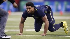 INDIANAPOLIS, IN - MARCH 05: Defensive lineman Myles Garrett of Texas A&amp;M participates in a drill during day five of the NFL Combine at Lucas Oil Stadium on March 5, 2017 in Indianapolis, Indiana.   Joe Robbins/Getty Images/AFP == FOR NEWSPAPERS, INTERNET, TELCOS &amp; TELEVISION USE ONLY ==