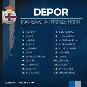 Los dorsales del Deportivo 2021-2022.