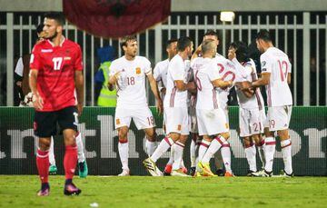 Spain's players celebrate Nolito's goal, which sealed a 2-0 win in Albania.
