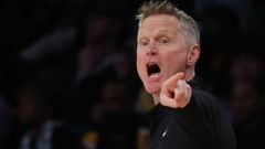 LOS ANGELES, CALIFORNIA - MARCH 05: Head coach Steve Kerr reacts from the sidelines during the first half against the Los Angeles Lakers at Crypto.com Arena on March 05, 2022 in Los Angeles, California. NOTE TO USER: User expressly acknowledges and agrees