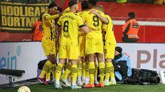 LEVERKUSEN, GERMANY - JANUARY 29: players of Borussia Dortmund celebrates after scoring his team's second goal during the Bundesliga match between Bayer 04 Leverkusen and Borussia Dortmund at BayArena on January 29, 2023 in Leverkusen, Germany. (Photo by Stefan Brauer/DeFodi Images via Getty Images)