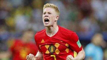 Kazan (Russian Federation), 06/07/2018.- Kevin De Bruyne of Belgium celebrates after the FIFA World Cup 2018 quarter final soccer match between Brazil and Belgium in Kazan, Russia, 06 July 2018. Belgium won 2-1.  (RESTRICTIONS APPLY: Editorial Use Only, not used in association with any commercial entity - Images must not be used in any form of alert service or push service of any kind including via mobile alert services, downloads to mobile devices or MMS messaging - Images must appear as still images and must not emulate match action video footage - No alteration is made to, and no text or image is superimposed over, any published image which: (a) intentionally obscures or removes a sponsor identification image; or (b) adds or overlays the commercial identification of any third party which is not officially associated with the FIFA World Cup) (Mundial de F&uacute;tbol, B&eacute;lgica, Brasil, Rusia) EFE/EPA/ROBERT GHEMENT EDITORIAL USE ONLY