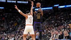 Dec 15, 2023; San Antonio, Texas, USA; Los Angeles Lakers forward LeBron James (23) shoots over San Antonio Spurs forward Keldon Johnson (3) during the second half at Frost Bank Center. Mandatory Credit: Scott Wachter-USA TODAY Sports