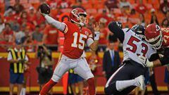 KANSAS CITY, MO - AUGUST 09: Quarterback Patrick Mahomes #15 of the Kansas City Chiefs throws a pass down field during the first half against the Houston Texans on August 9, 2018 at Arrowhead Stadium in Kansas City, Missouri.   Peter Aiken/Getty Images/AF