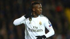 BRUGGE, BELGIUM - DECEMBER 11: Vinicius Junior of Real Madrid celebrates after scoring his team&#039;s second goal during the UEFA Champions League group A match between Club Brugge KV and Real Madrid at Jan Breydel Stadium on December 11, 2019 in Brugge,
