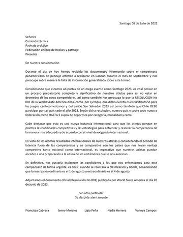 La carta que firmaron Francisca Cabrera, Ligia Peña, Jenny Morales, Vannya Campos y Nadia Herrera que fue dirigida a la Federación debido a la situación generada en la previa del Panamericano de Cancún.