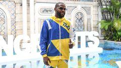 Former world welterweight king Floyd Mayweather poses during the media availability ahead of his June 6 exhibition boxing match against YouTube personality Logan Paul, on June 3, 2021 at Villa Casa Casuarina at the former Versace Mansion in Miami Beach, o