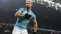 Manchester City&#039;s Argentinian striker Sergio Aguero celebrates after scoring the opening goal of the English Premier League football match between Manchester City and Liverpool at the Etihad Stadium in Manchester, north west England, on January 3, 20