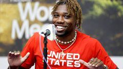 Noah Lyles of Team United States speaks during the Team United States Press Conference prior to competition for the World Athletics Championships Oregon22 at Hayward Field on July 14, 2022 in Eugene, Oregon.