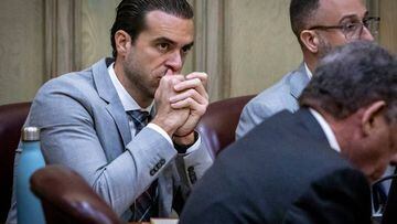 Pablo Lyle, left, sits along with his attorneys during pre-trial motions in Miami-Dade Criminal Court on Thursday, Sept. 22, 2022, in Miami, Florida. Lyle is accused of killing 63-year-old Juan Ricardo Hernandez during a road rage incident in 2019. (Jose A. Iglesias/Miami Herald/Tribune News Service via Getty Images)