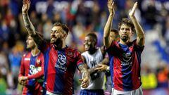 Levante players celebrate their 5-4 win over FC Barcelona in LaLiga Santander