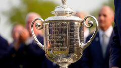 May 21, 2023; Rochester, New York, USA; A detail view of the Wanamaker Trophy after the final round of the PGA Championship golf tournament at Oak Hill Country Club. Mandatory Credit: Adam Cairns-USA TODAY Sports