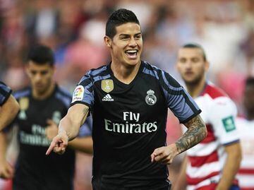 James Rodríguez celebrates after scoring Real Madrid's first goal against Granada.