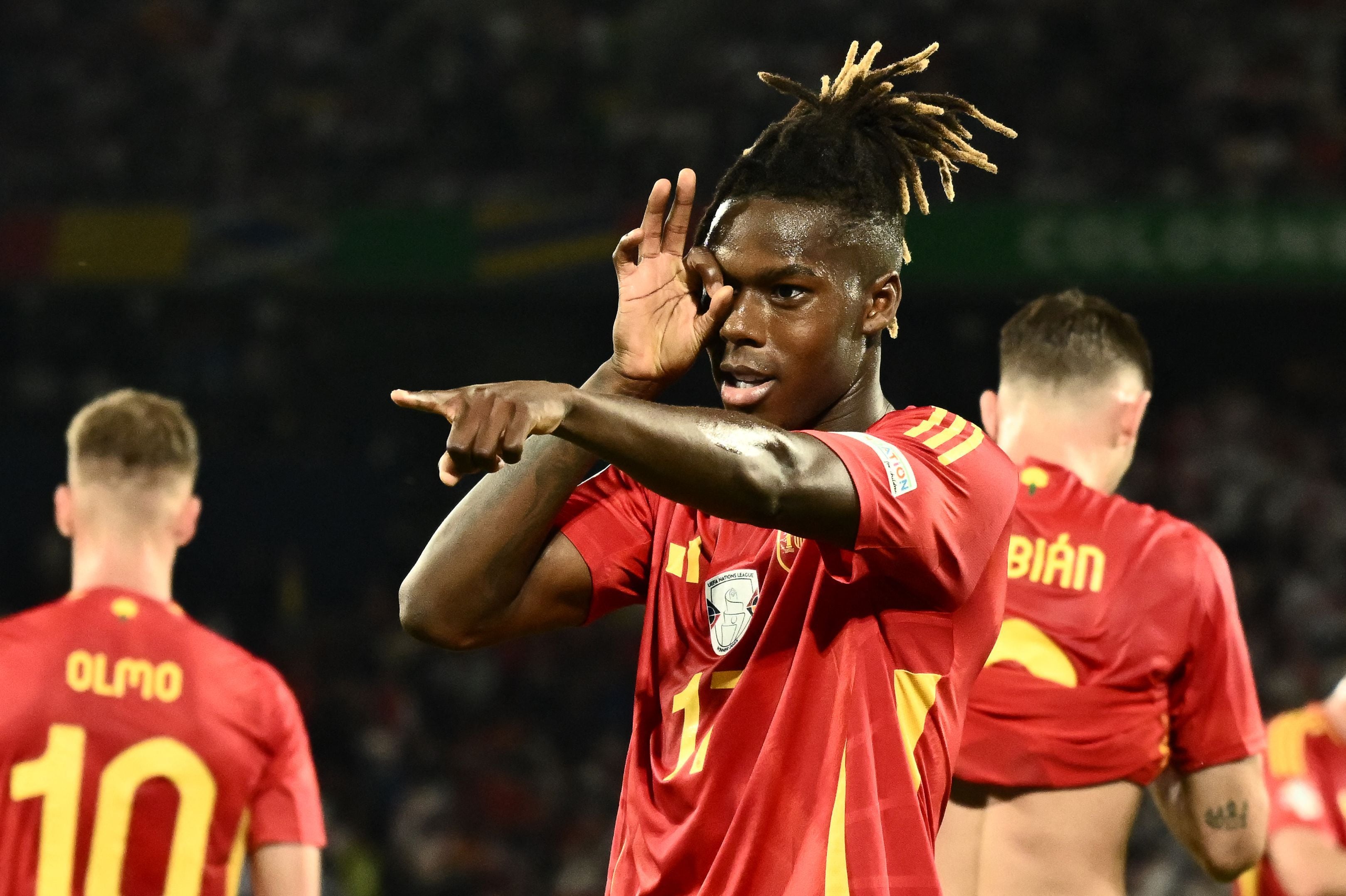 Spain's midfielder #17 Nico Williams celebrates scoring his team's third goal during the UEFA Euro 2024 round of 16 football match between Spain and Georgia at the Cologne Stadium in Cologne on June 30, 2024. (Photo by Angelos TZORTZINIS / AFP)