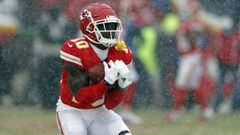 Kansas City Chiefs wide receiver Tyreek Hill (10) warms up before an NFL divisional football playoff game against the Indianapolis Colts in Kansas City, Mo., Saturday, Jan. 12, 2019. (AP Photo/Charlie Neibergall)