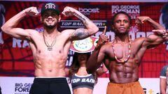 CATOOSA, OKLAHOMA - MARCH 31: Robeisy Ramirez (L) and Isaac Dogboe (R) pose during the weigh in prior to their April 1 WBO featherweight championship fight at Hard Rock Hotel & Casino Tulsa on March 31, 2023 in Catoosa, Oklahoma. (Photo by Mikey Williams/Top Rank Inc via Getty Images)