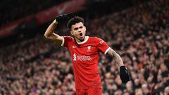 Liverpool (United Kingdom), 21/02/2024.- Liverpool's Luis Diaz celebrates after scoring the 3-1 lead during the English Premier League match between Liverpool FC and Luton Town FC, in Liverpool, Britain, 21 February 2024. (Reino Unido) EFE/EPA/PETER POWELL EDITORIAL USE ONLY. No use with unauthorized audio, video, data, fixture lists, club/league logos, 'live' services or NFTs. Online in-match use limited to 120 images, no video emulation. No use in betting, games or single club/league/player publications.

