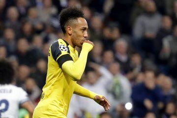 Pierre-Emerick Aubameyang celebrates his goal against Real Madrid as Borussia Dortmund came back from two goals down to snatch a draw at the Bernabéu.