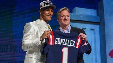 Apr 27, 2023; Kansas City, MO, USA; Oregon cornerback Christian Gonzalez with NFL commissioner Roger Goodell after being selected by the New England Patriots seventeenth overall in the first round of the 2023 NFL Draft at Union Station. Mandatory Credit: Kirby Lee-USA TODAY Sports