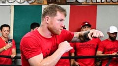 Mexican professional boxer Canelo Alvarez trains during a media gathering at House of Boxing in San Diego, California, on August 29, 2022, ahead of his trilogy showdown with Kazakhstani professional boxer Gennadiy 'GGG' Golovkin in September in Las Vegas. - Alvarez is training ahead of a trilogy showdown with Kazakhstani professional boxer Gennadiy �GGG� Golovkin, which will take place in Las Vegas on September 17, 2022. (Photo by Frederic J. BROWN / AFP)
