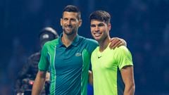 Riyadh (Saudi Arabia), 27/12/2023.- Novak Djokovic (L) of Serbia and Carlos Alcaraz (R) of Spain pose for a photo before an exhibition match during the Riyadh Season Tennis Cup in Riyadh, Saudi Arabia, 27 December 2023. (Tenis, Arabia Saudita, España) EFE/EPA/STR
