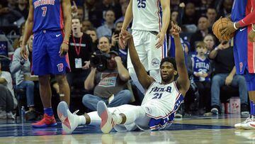 Dec 2, 2017; Philadelphia, PA, USA; Philadelphia 76ers center Joel Embiid (21) reacts after being fouled during the fourth quarter of the game against the Detroit Pistons at the Wells Fargo Center. The Philadelphia 76ers won 108-103. Mandatory Credit: John Geliebter-USA TODAY Sports