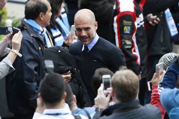 Pep Guardiola arrives at the Etihad for the Leicester game.