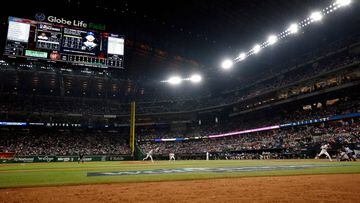 ARLINGTON, TEXAS - OCTOBER 28: A general view as Luis Fr�as #65 of the Arizona Diamondbacks pitches to Robbie Grossman #4 of the Texas Rangers in the ninth inning during Game Two of the World Series at Globe Life Field on October 28, 2023 in Arlington, Texas.   Carmen Mandato/Getty Images/AFP (Photo by Carmen Mandato / GETTY IMAGES NORTH AMERICA / Getty Images via AFP)