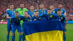 CARDIFF, WALES - JUNE 05: The Ukraine team line up ahead of the FIFA World Cup Qualifier between Wales and Ukraine at Cardiff City Stadium on June 05, 2022 in Cardiff, Wales. (Photo by Joe Prior/Visionhaus via Getty Images)