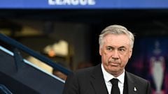 Real Madrid's Italian coach Carlo Ancelotti reacts ahead of the UEFA Champions League second leg semi-final football match between Manchester City and Real Madrid at the Etihad Stadium in Manchester, north west England, on May 17, 2023. (Photo by Paul ELLIS / AFP)