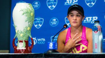 Ashleigh Barty of Australia talks to the media after the final of the 2021 Western & Southern Open WTA 1000 tennis tournament against Jil Teichmann of Switzerland.