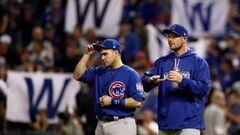 CLEVELAND, OH - NOVEMBER 01: Miguel Montero #47 and Jon Lester #34 of the Chicago Cubs react after defeating the Cleveland Indians 9-3 to win Game Six of the 2016 World Series at Progressive Field on November 1, 2016 in Cleveland, Ohio.   Elsa/Getty Images/AFP == FOR NEWSPAPERS, INTERNET, TELCOS &amp; TELEVISION USE ONLY ==